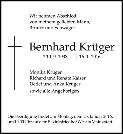 Traueranzeigen von Bernhard Krüger vrm trauer de