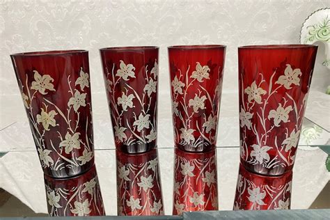 Vintage Mid Century Barware Set Of 4 Ruby Red Juice Glasses Etsy