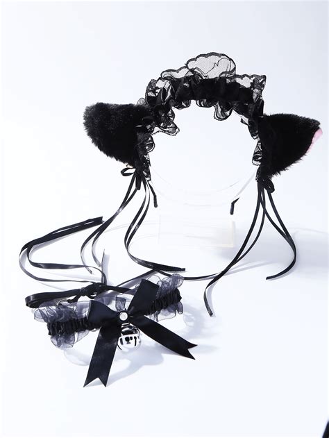 2pcs Set Sexy Lace Cat Ears Headband With Butterfly Knot Design Bell Necklace Suitable For