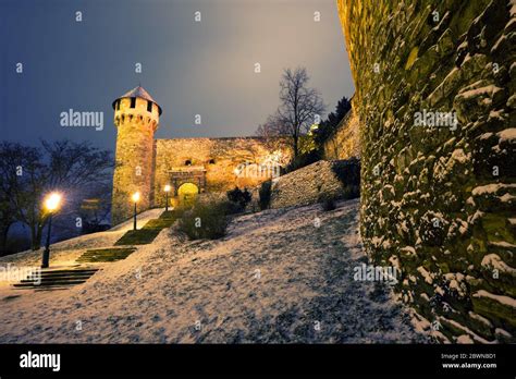 Buda Castle night view in winter featuring Mace tower Stock Photo - Alamy