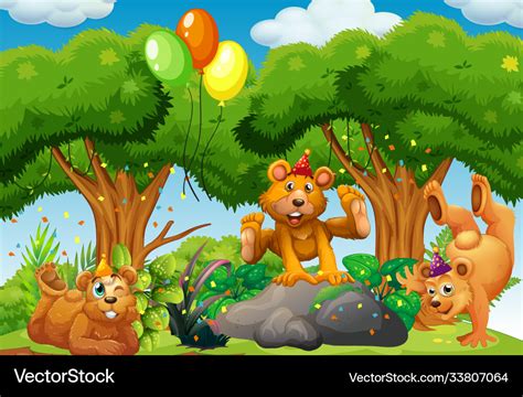 Many Bears In Party Theme In Nature Forest Vector Image