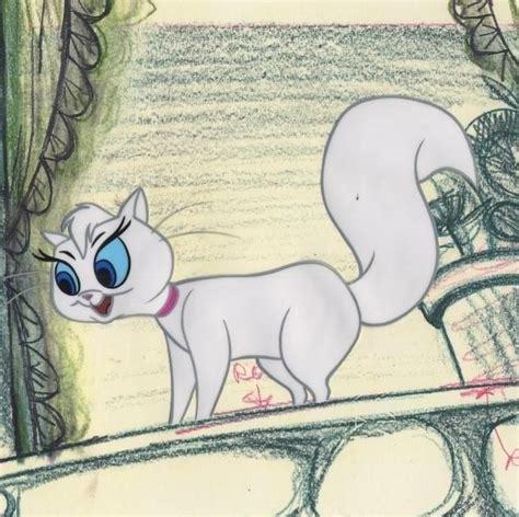 A Drawing Of A White Cat With Blue Eyes Standing In Front Of A Park Bench