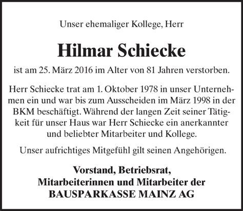 Traueranzeigen Von Hilmar Schiecke Vrm Trauer De