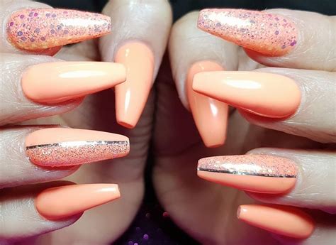 Coral Acrylic Sculpted Nails With Glitter And Stripes