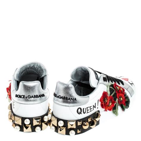 Dolce And Gabbana White Leather Portofino Flower Embellished Low Top Size 355 At 1stdibs