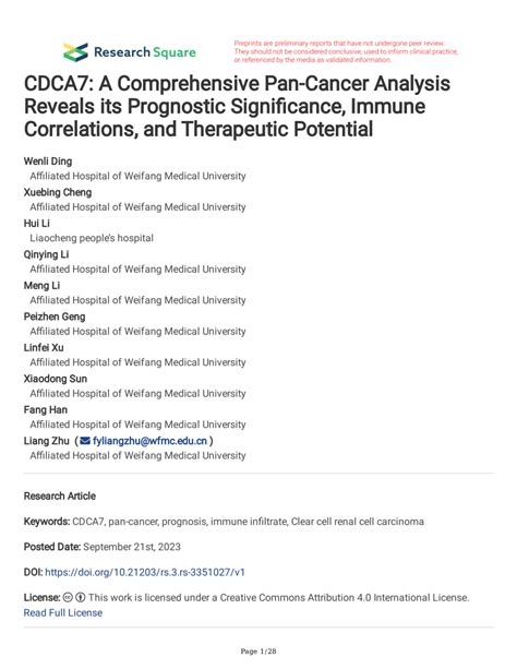 Pdf Cdca A Comprehensive Pan Cancer Analysis Reveals Its Prognostic