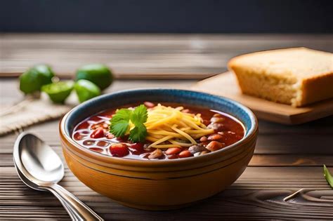 Un Plato De Sopa Con Frijoles Y Un Trozo De Pan Sobre La Mesa Foto