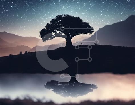 Tree and Night Sky Reflection stock photo | Creative Fabrica