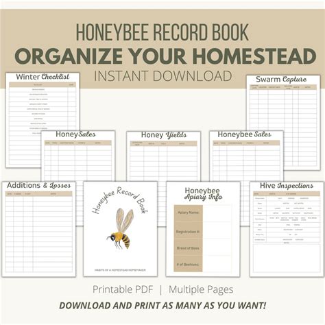 Honeybee Record Book Beekeeping Log Printable Download Beehive Inspection Checklist Beekeeper