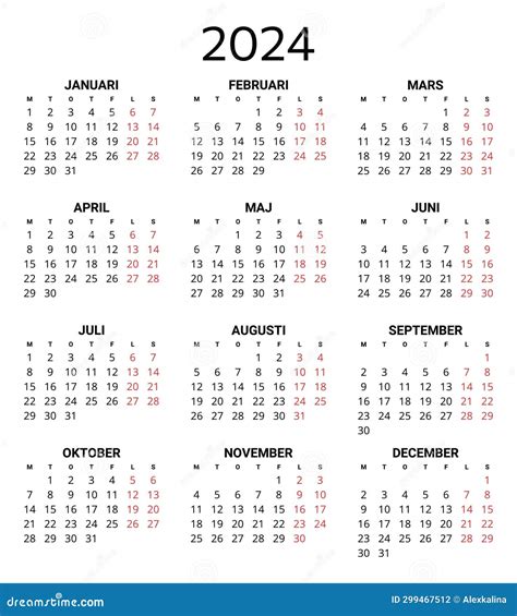 SWEDISH Calendar For 2024 Printable Editable Vector Illustration For