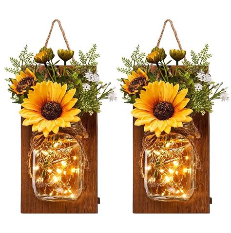 Rirool Sunflower Mason Jar Lights Rustic Farmhouse Wall Decor