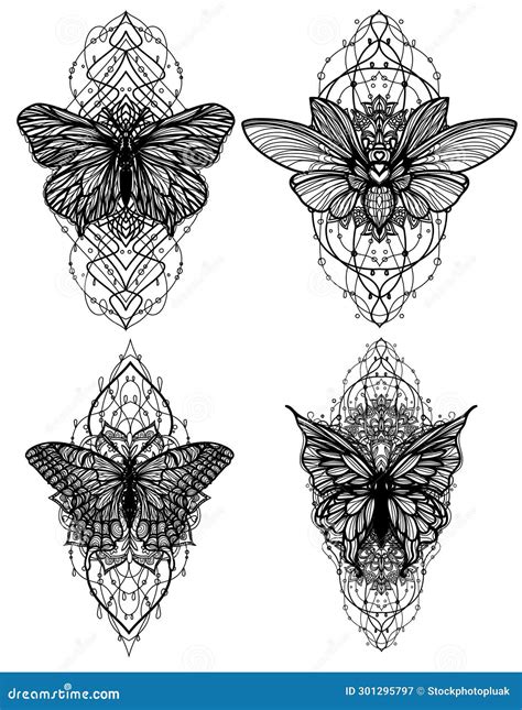 Tatouage Ensemble Papillon Croquis Noir Et Blanc Illustration Stock