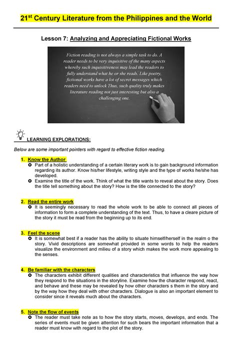 21st Century Literature Lesson 7 Analyzing And Appreciating Fictional