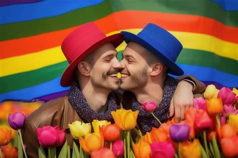 Una Hermosa Pareja Gay Feliz Con Los Colores Del Arco Iris En Un Campo De Flores Mes Del Orgullo