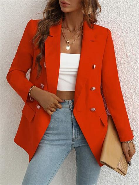 Shein Priv Blazer De Cuello Con Solapa De Doble Botonadura Moda De