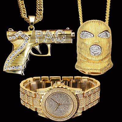 Shiny Diamond Chain Pendant Watch Set Gold Iced Bling Bling Rapper