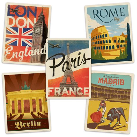 European Cities World Travel Vinyl Sticker Set Retro Planet