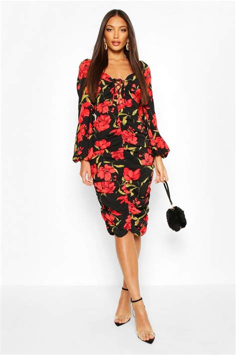 Rose Print Puff Sleeve Ruched Midi Dress Boohoo Uk