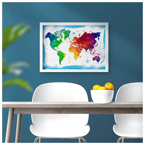 Quadro Mapa Múndi p Marcar Viagens Estilo Aquarela Kit c 50 Pins