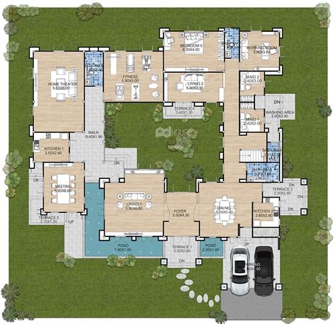 An Aerial View Of The Floor Plan Of A House With Two Car Parking Spaces