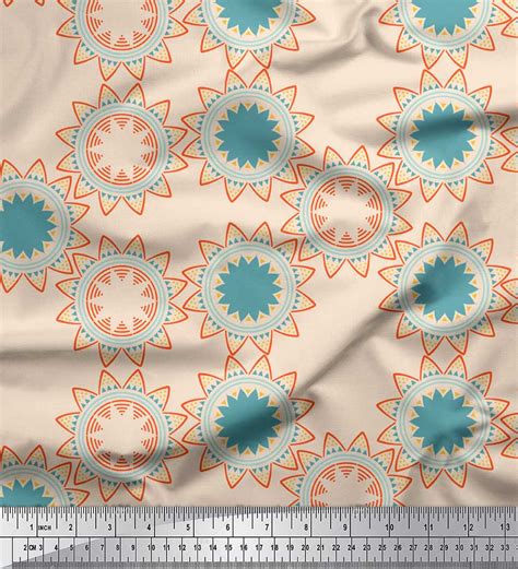 Soimoi White Cotton Poplin Fabric Sun Mandala Print Fabric By The Yard