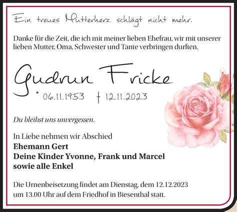 Traueranzeigen von Gudrun Fricke Märkische Onlinezeitung Trauerportal