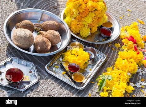 Fruits and flowers hindu puja offerings on and Indian road. Andhra ...