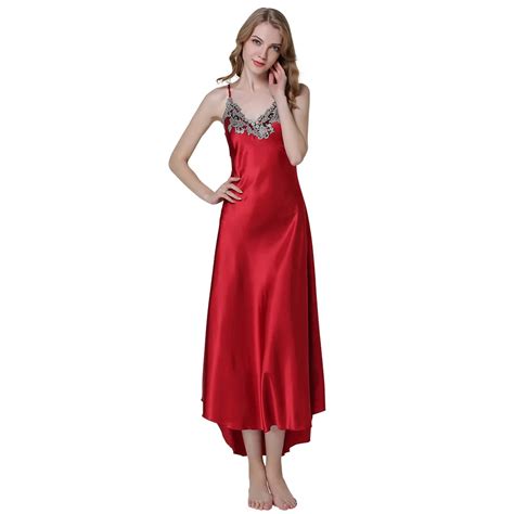 Fashion Womens Sexy Embroidery Lace Floral Long Nightgown Satin Night Dress Sleepwear Female