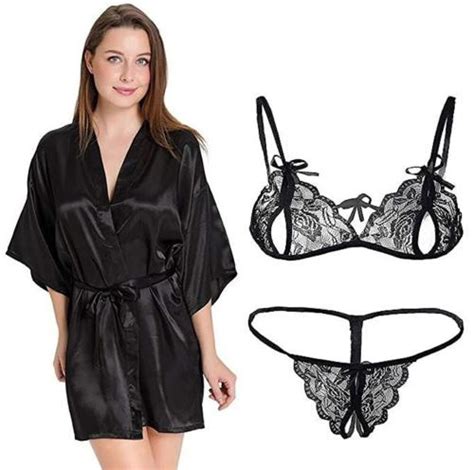 Buy Iyaracollection Women Black Self Design Pure Satin Lace Lingerie Robe Set Online At Best