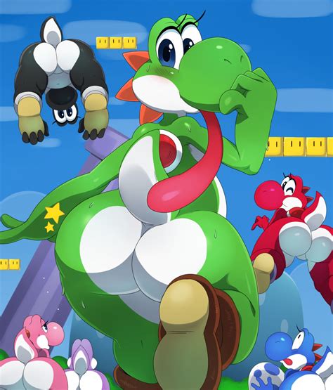 Rule 34 6girls Big Ass Black Yoshi Blue Yoshi Female Only Looking At Viewer Looking Back Mario
