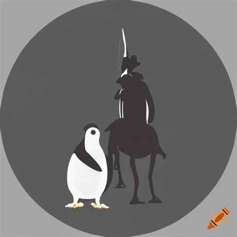 Abstract Monochrome Logo With A Penguin And Don Quixote Silhouettes On