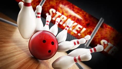 Bowling Strike Concept With Rolling Ball And Pins 3d Illustration