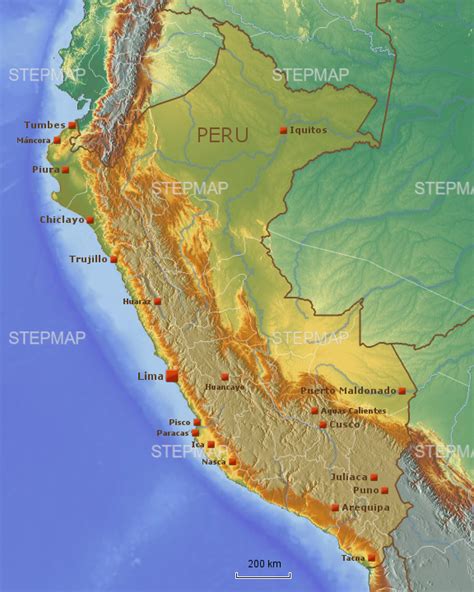 Stepmap E Peru Topographical Map With Cities Landkarte F R Peru