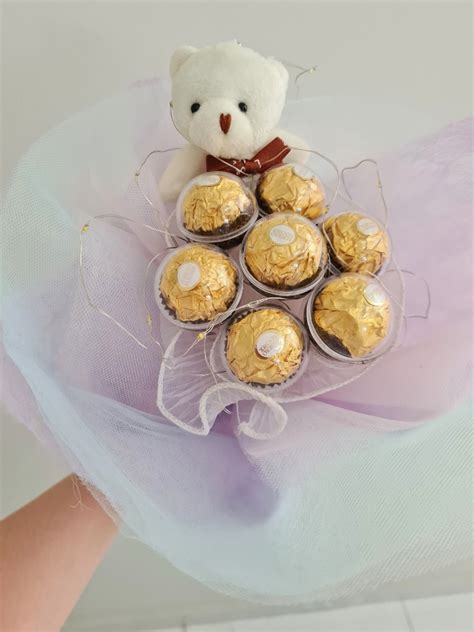 Ferrero Rocher And Teddy Bear Bouquet Food Drinks Gift Baskets