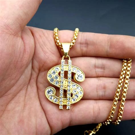 US Dollar Money Necklace Pendant Stainless Steel Gold Color Necklace