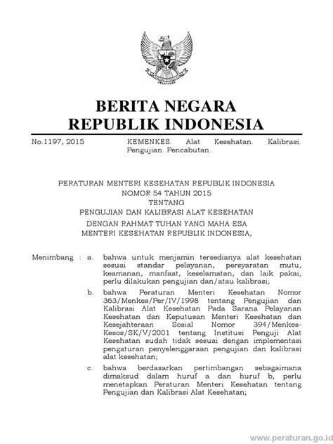 PDF Permenkes No 54 Tahun 2015 Tentang Pengujian Dan Kalibrasi Alat