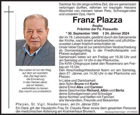 Traueranzeigen Von Plazza Franz Trauer Bz