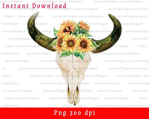 Watercolor Cow Skull With Sunflower Sublimation Design Etsy