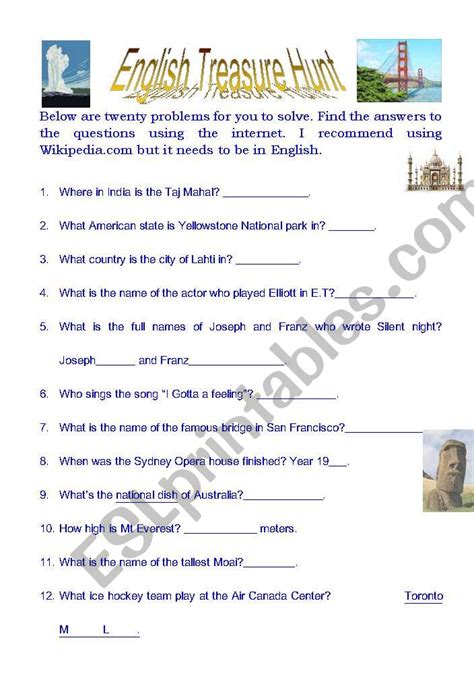 English Treasure Hunt Esl Worksheet By Englishman1978