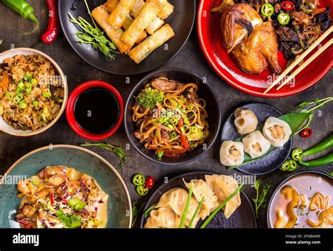 Assorted Chinese Food Set Chinese Noodles Fried Rice Dumplings