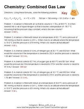 Chemistry The Combined Gas Law Worksheet By ClassWithMrsGlassel