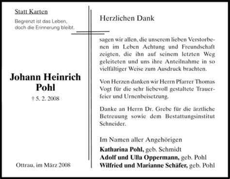 Traueranzeigen Von Johann Heinrich Pohl Trauer Hna De