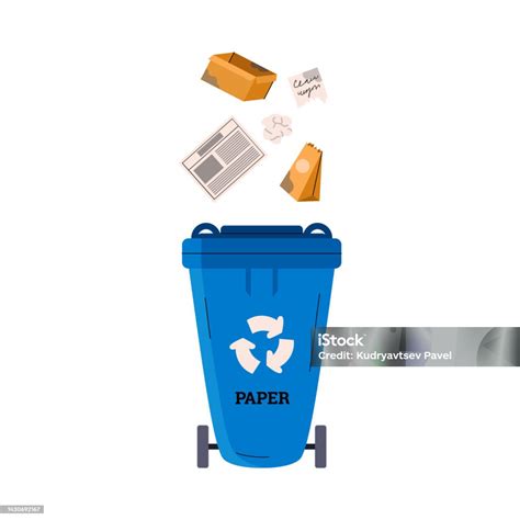 Blue Garbage Recycle Bin For Collecting Paper Flat Vector Illustration