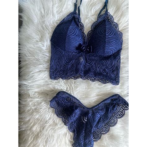 Conjunto Lingerie De Renda Azul Shopee Brasil