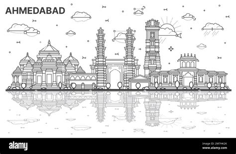 Outline Ahmedabad India City Skyline with Historic Buildings and Reflections Isolated on White ...