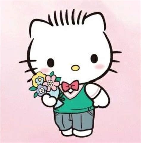 a hello kitty holding a bunch of flowers on a pink background with the ...