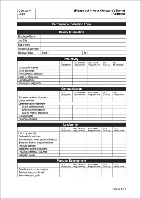 Employee Evaluation Forms Free Printable Pdf