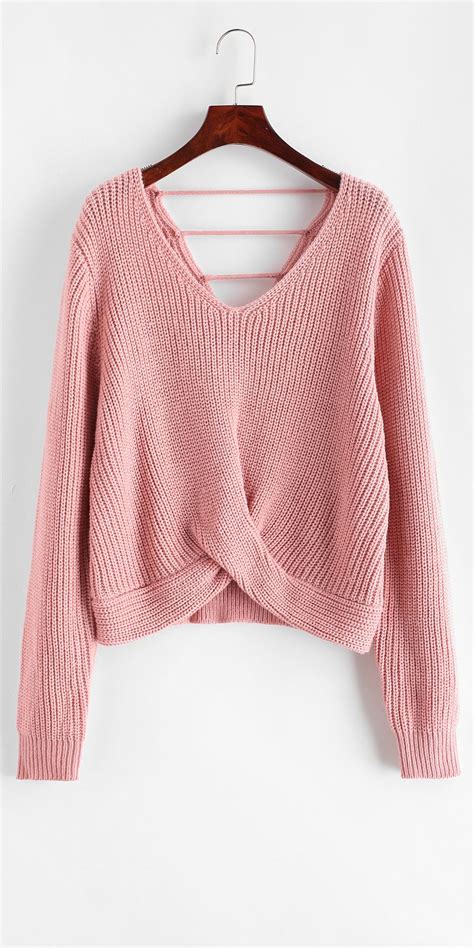 Laddering Cut Out Twist Front V Neck Sweater