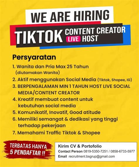 Lowongan Kerja Mei 2023 Content Creator Host Tiktok Live Di Solo INFO