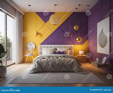 Modern Bedroom Design with Orange and Yellow Colors and Equipped with Glass Walls Stock ...